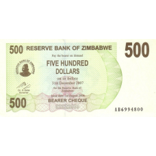 P43 Zimbabwe - 500 Dollars Year 2006/2007 (Bearer Cheque)